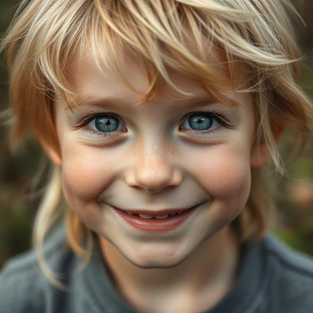 Portrait of a little boy with blond hair and blue eyes in the parkの素材