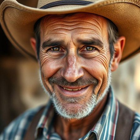 Portrait of an old farmer smiling in a cowboy's hat.の素材