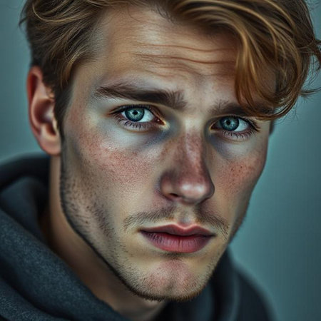 Portrait of a handsome young man with blond hair and blue eyesの素材