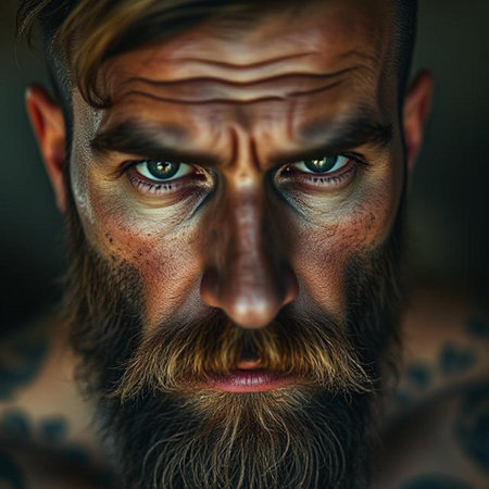 Portrait of a man with a long beard and mustache. Close-up.の素材