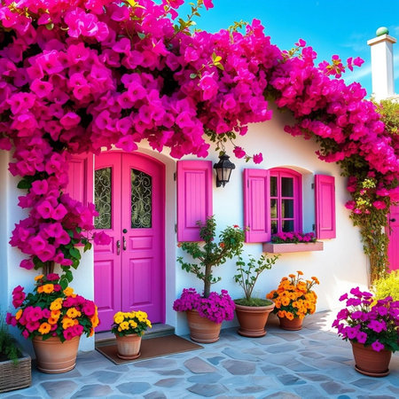 Colorful flowers in pots and a wooden door on the Greek island of Santoriniの素材