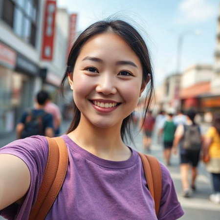Portrait of young Asian woman smiling and taking selfie in the cityの素材