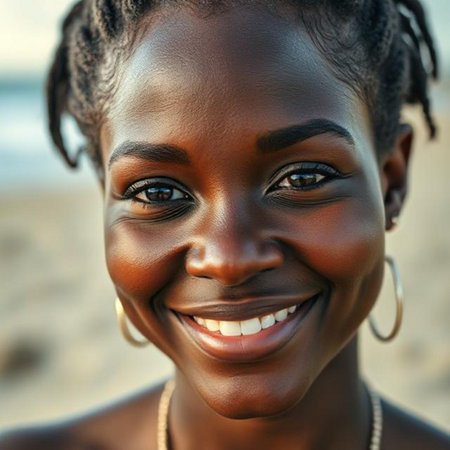 Close up portrait of beautiful African woman smiling on the beach.の素材