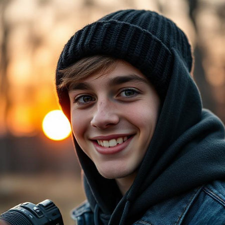 Portrait of a happy teen boy with a camera in the park at sunsetの素材