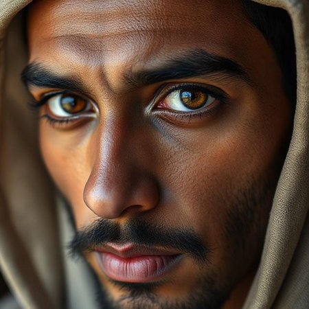Close-up portrait of a young Arabic man with a beardの素材