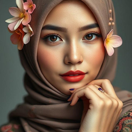 Portrait of beautiful Asian Muslim woman with flower in hairの素材