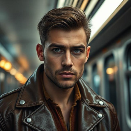 Portrait of a handsome young man in a train. Men's beauty, fashion.の素材