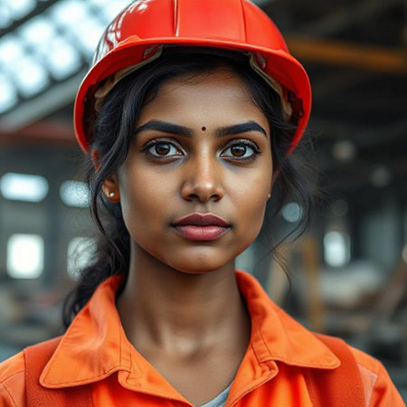 Portrait of a beautiful African American female construction worker wearing orange safety helmetの素材
