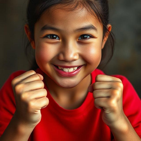 Portrait of a happy young Asian girl in red dress.の素材