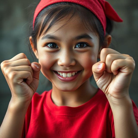 Portrait of happy Asian little girl in red t-shirtの素材