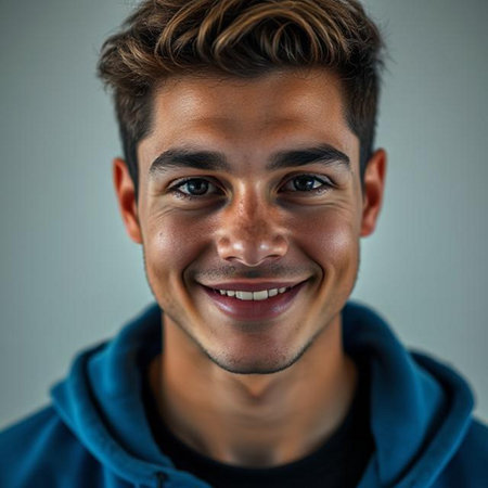 Close up portrait of a handsome young man smiling and looking at cameraの素材