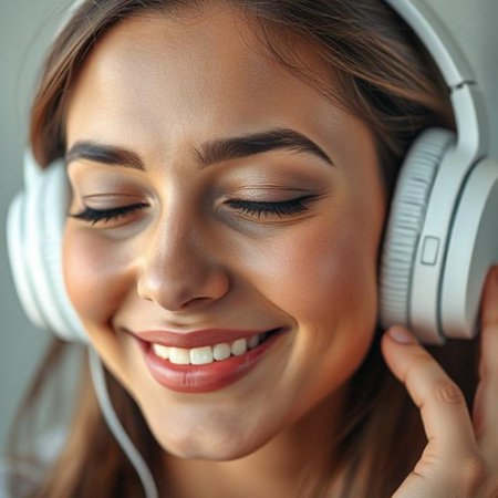 Close up portrait of a beautiful young woman listening to music with headphonesの素材