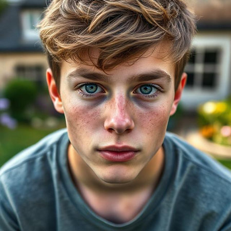 Portrait of a boy with freckles on his face.の素材