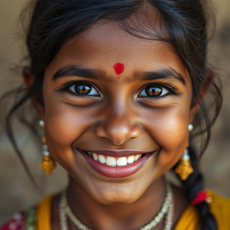 Indian girl with red heart on her cheek smiling at the camera.の素材