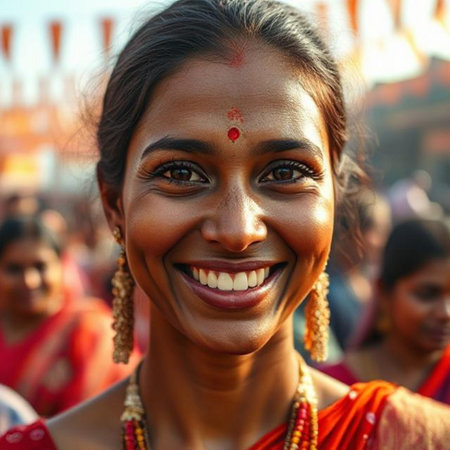 Unidentified Hindu woman attends the Holi festival in Kolkata, West Bengal, India.の素材