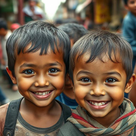 Portrait of Indian little boy smiling at camera in the streetの素材