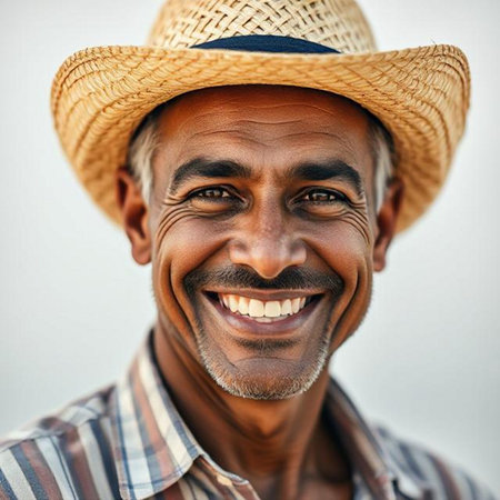 Close up portrait of smiling mature African man wearing straw hat and checkered shirtの素材