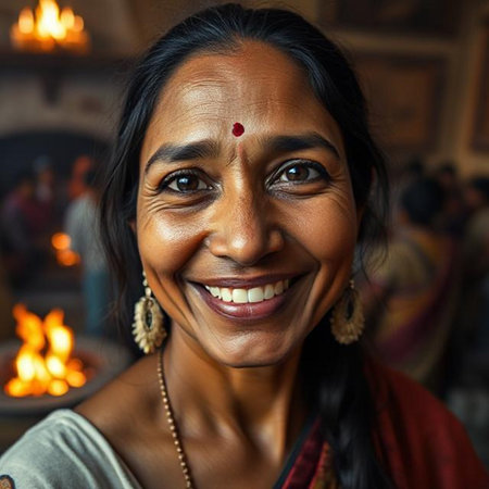 Portrait of smiling Indian woman in traditional clothes looking at cameraの素材