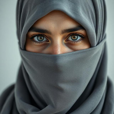 Close-up portrait of a beautiful Muslim woman with blue eyes wearing hijabの素材