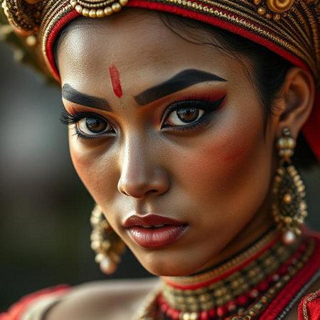Close-up portrait of a beautiful Indian woman with creative make upの素材