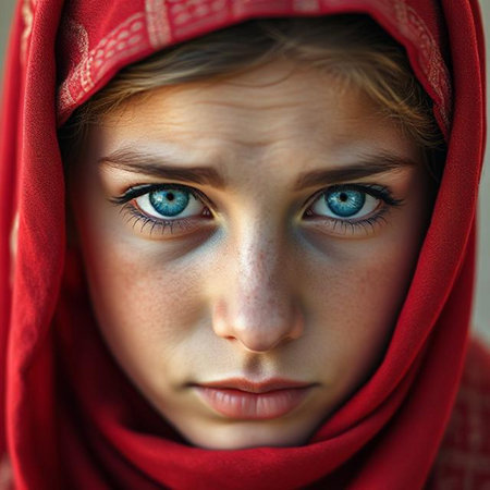 Portrait of a beautiful young woman with blue eyes and red scarf.の素材