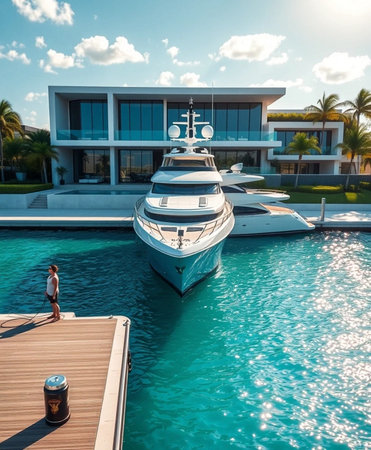 Luxury yachts and motor boats in a luxury yacht clubの素材