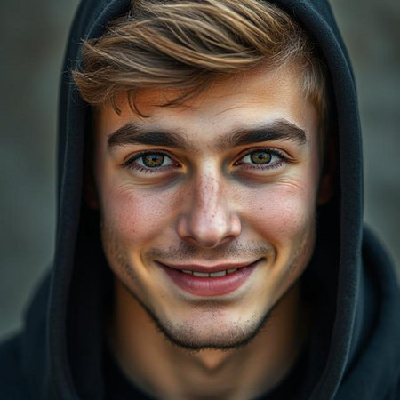 Close-up portrait of a handsome young man with freckles.の素材