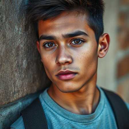 Portrait of a handsome young Indian man with backpack against a wallの素材