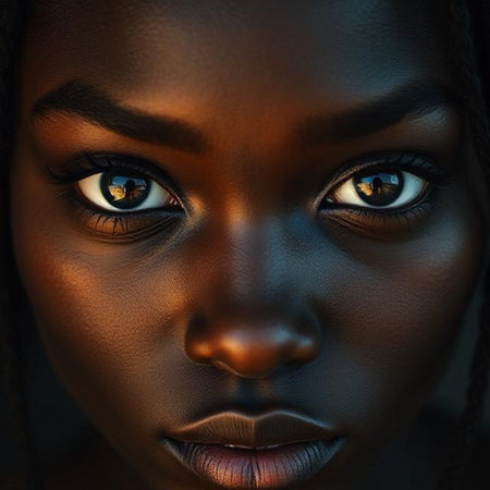 3d rendering of a female face with black skin and blue eyesの素材