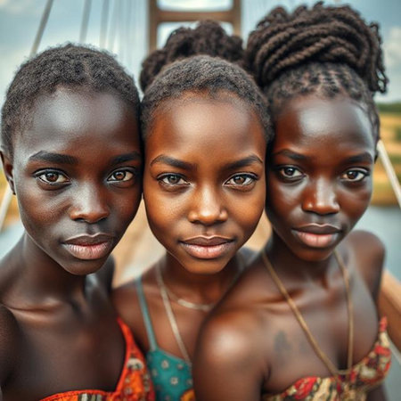 Three beautiful African American women on the boat. Close up portrait.の素材