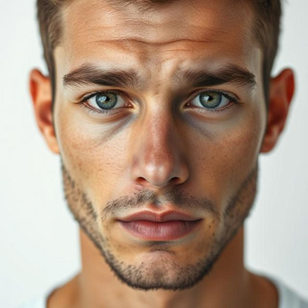 Close-up portrait of a handsome young man with blue eyes.の素材
