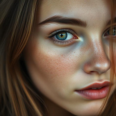 Close-up portrait of a beautiful young woman with blue eyes.の素材