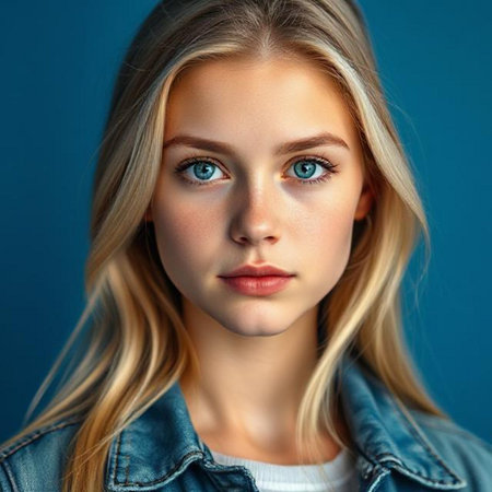 Close up portrait of a beautiful young blond woman with blue eyes.の素材