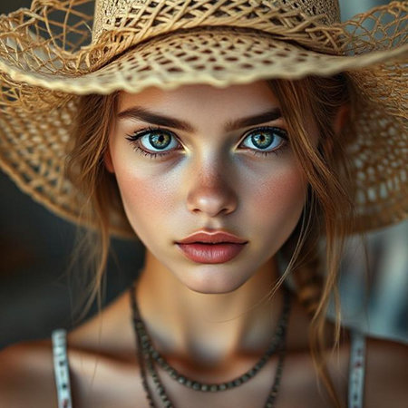 Close-up portrait of a beautiful girl with blue eyes in a straw hatの素材