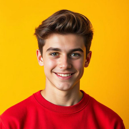 Portrait of a smiling teenager boy in a red sweater on a yellow backgroundの素材