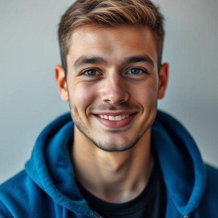 Close up portrait of a handsome young man smiling and looking at cameraの素材