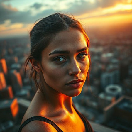 Portrait of a beautiful young woman in the city at sunset.の素材