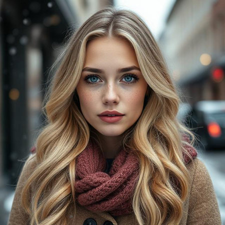 Outdoors portrait of beautiful young woman with long blond hair wearing brown coat, scarf and scarf.の素材