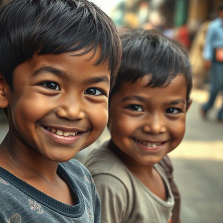 Three happy Asian kids smiling at the camera in the street.の素材