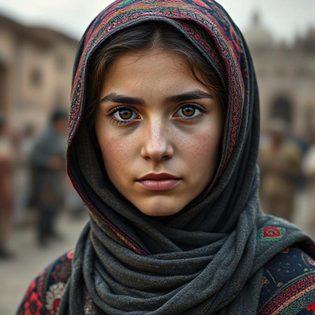 Close-up portrait of a beautiful young girl in a headscarf.の素材