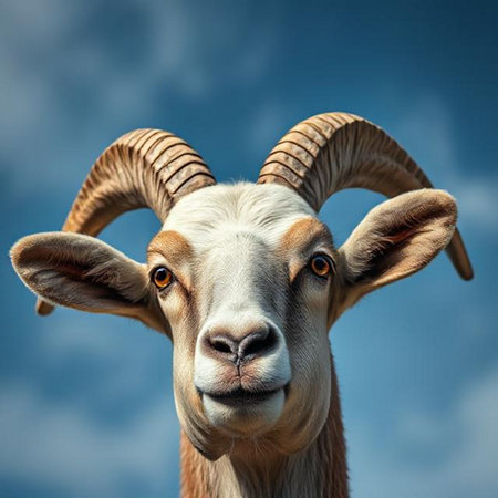 Portrait of a goat with horns on a blue sky background.の素材
