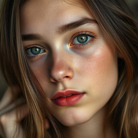 Close up portrait of a beautiful young woman with green eyes and red lipsの素材
