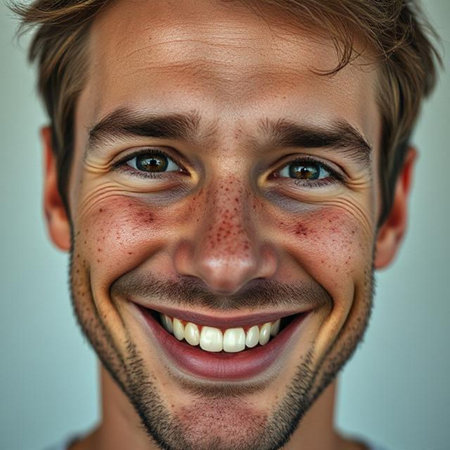 Close-up portrait of a smiling young man with freckles on his faceの素材