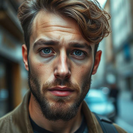 Portrait of a handsome young man with a beard in the cityの素材