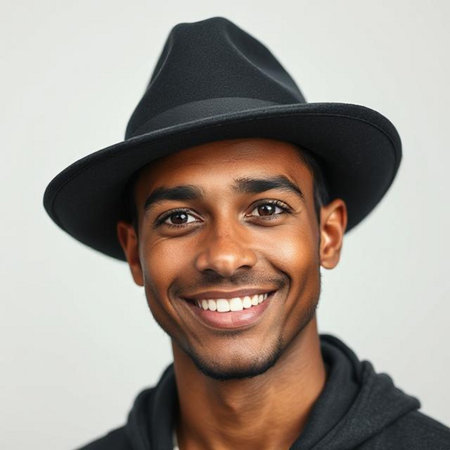 Closeup portrait of a smiling young African American man wearing hatの素材