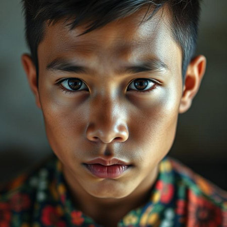 Portrait of a young Asian boy looking at the camera.の素材