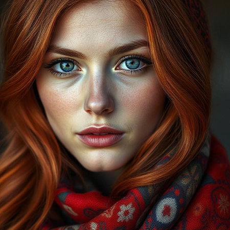 Portrait of a beautiful young woman with red hair and blue eyesの素材