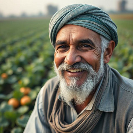 Portrait of Indian farmer with white beard and turban smiling at cameraの素材