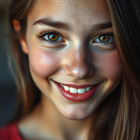 Close up portrait of a beautiful young woman smiling and looking at cameraの素材