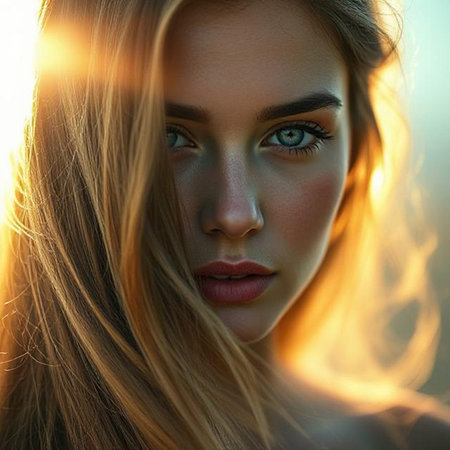 Portrait of a beautiful young woman in the rays of the setting sunの素材